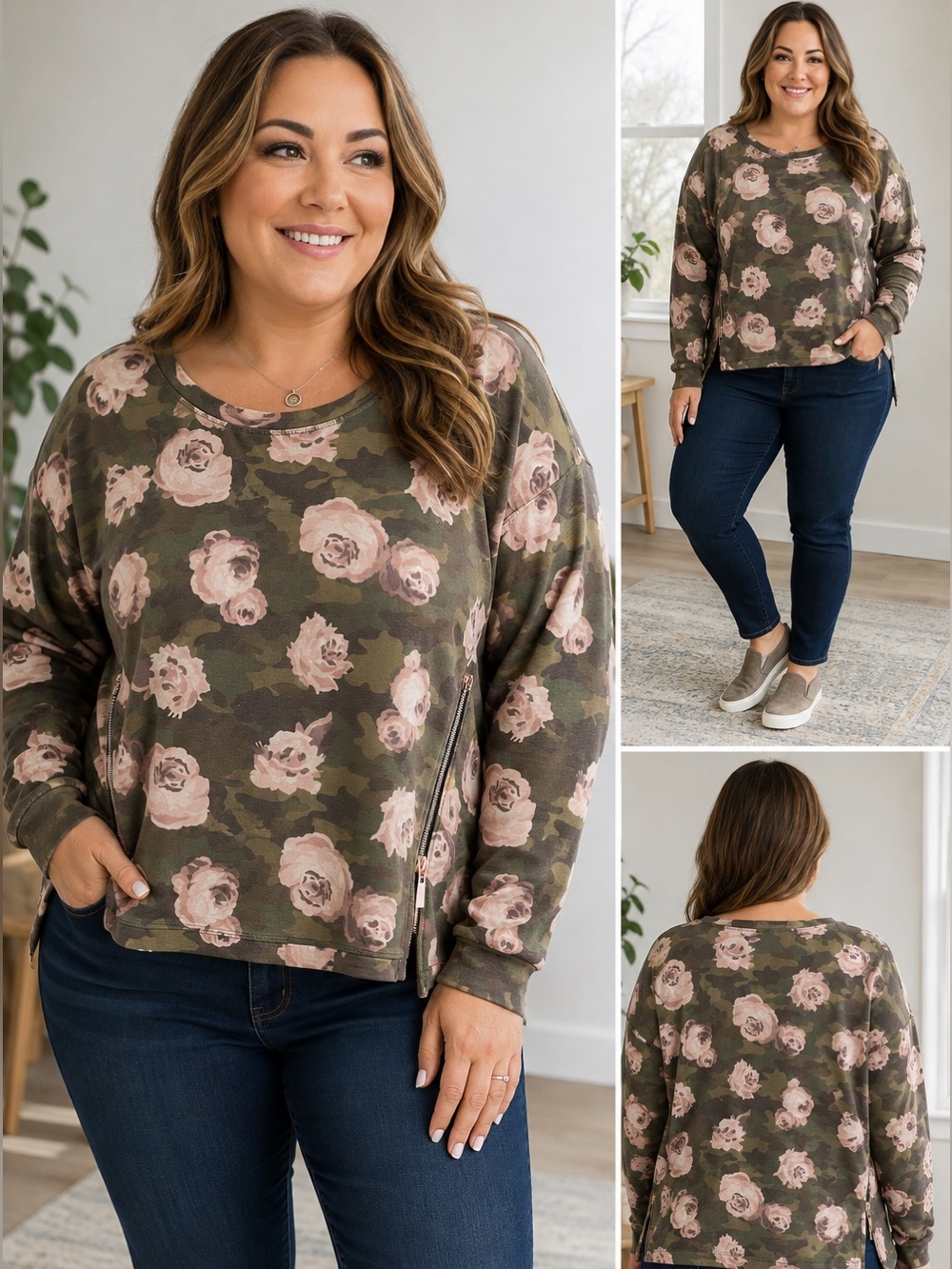 Stella & Dot Sz XXL Floral Camo Sweatshirt Side Zip Pullover Pink Rose Crewneck